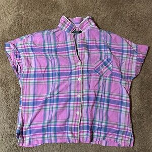 Lauren Ralph Lauren Plaid Short Sleeve Button-Up Women's XL Pajama Shirt Pink